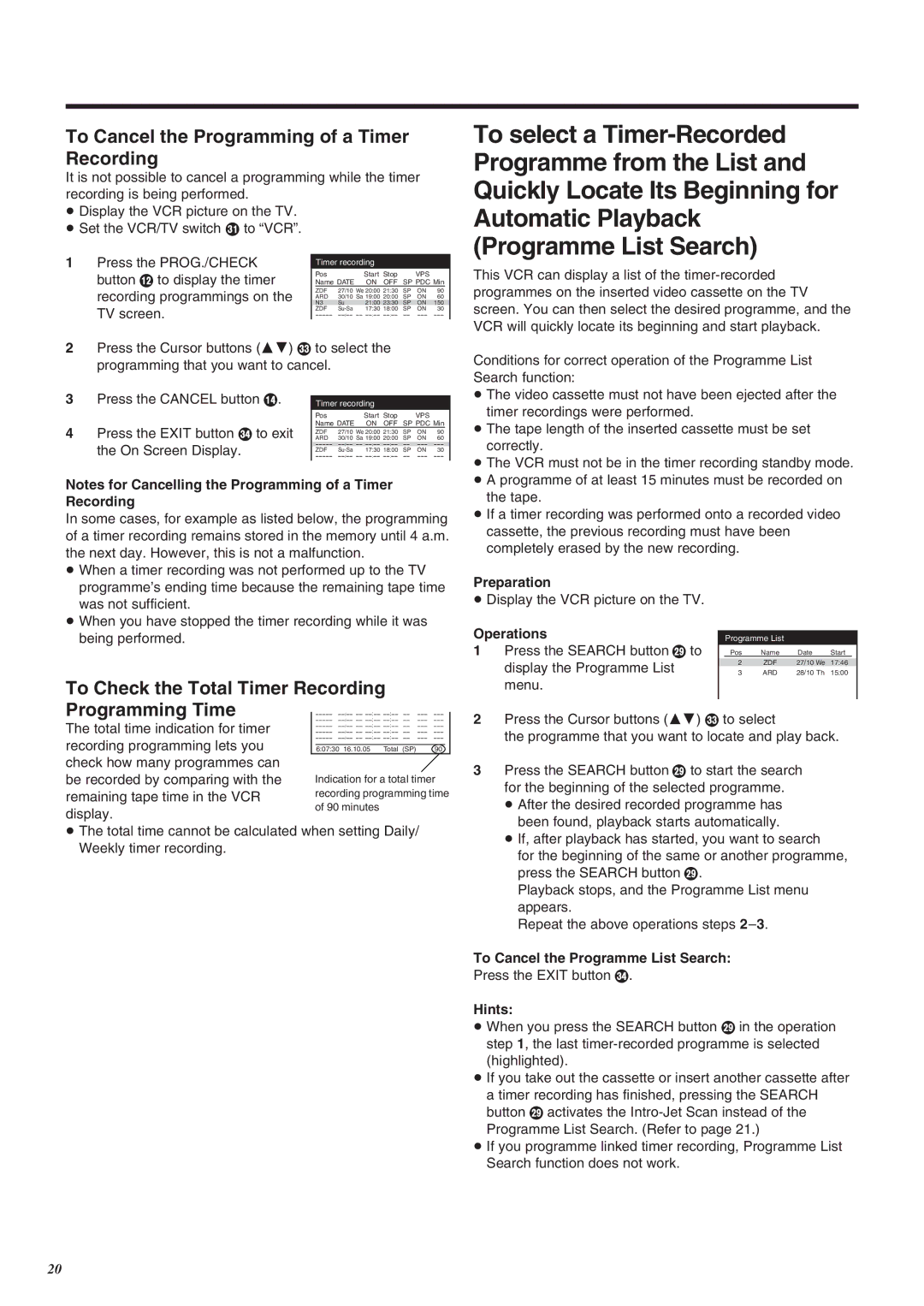 Panasonic NV-SJ260 To Cancel the Programming of a Timer Recording, To Check the Total Timer Recording Programming Time 