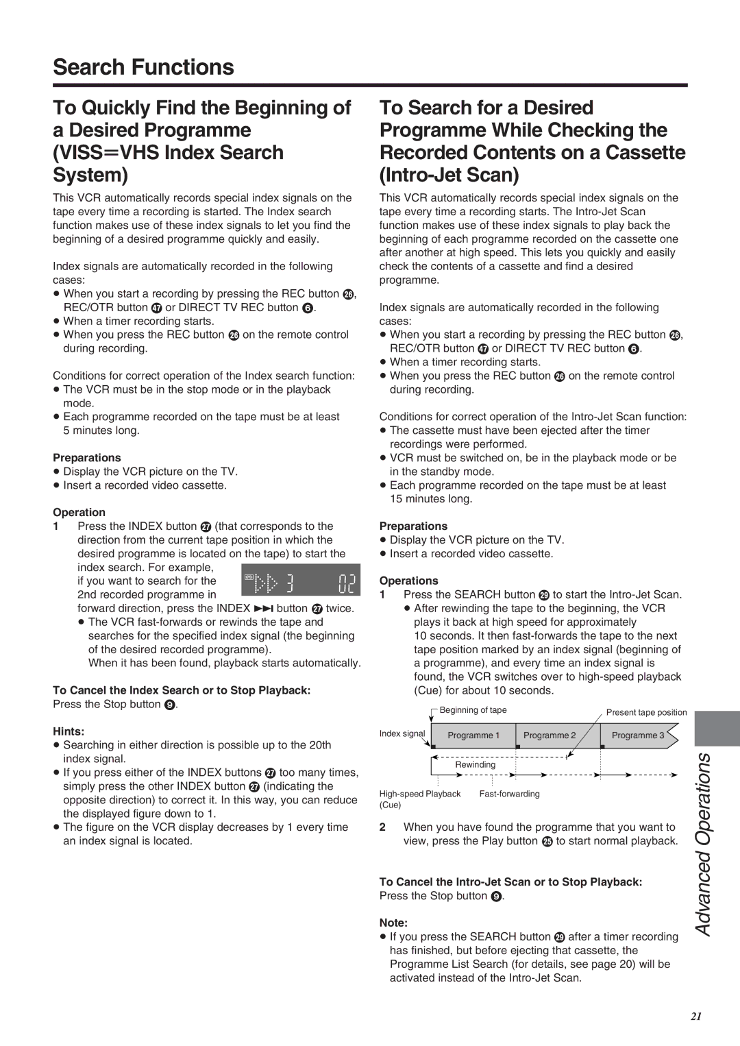 Panasonic NV-SJ260 operating instructions Search Functions, Operation, To Cancel the Index Search or to Stop Playback 