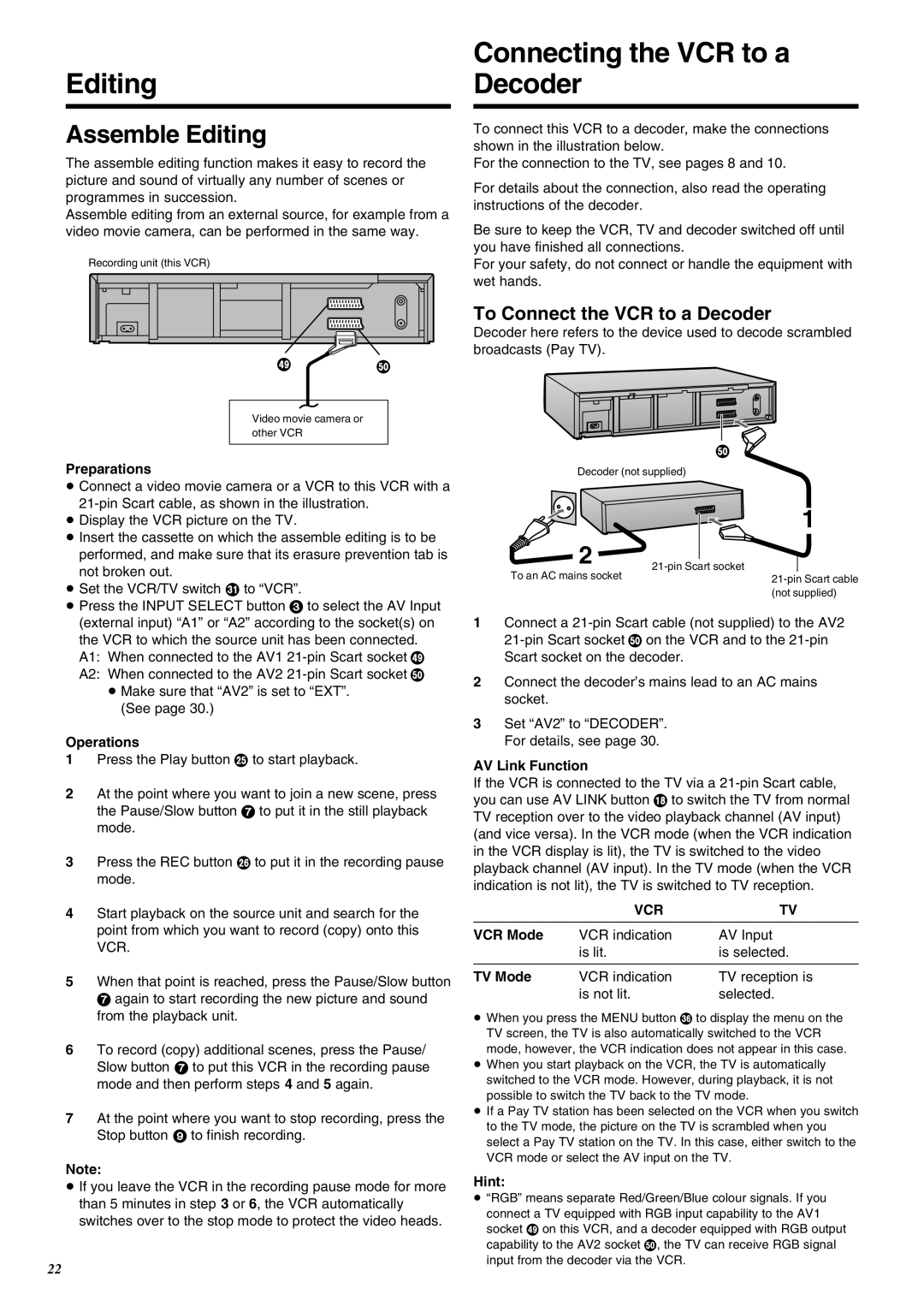 Panasonic NV-SJ260 Connecting the VCR to a Decoder, Assemble Editing, To Connect the VCR to a Decoder 