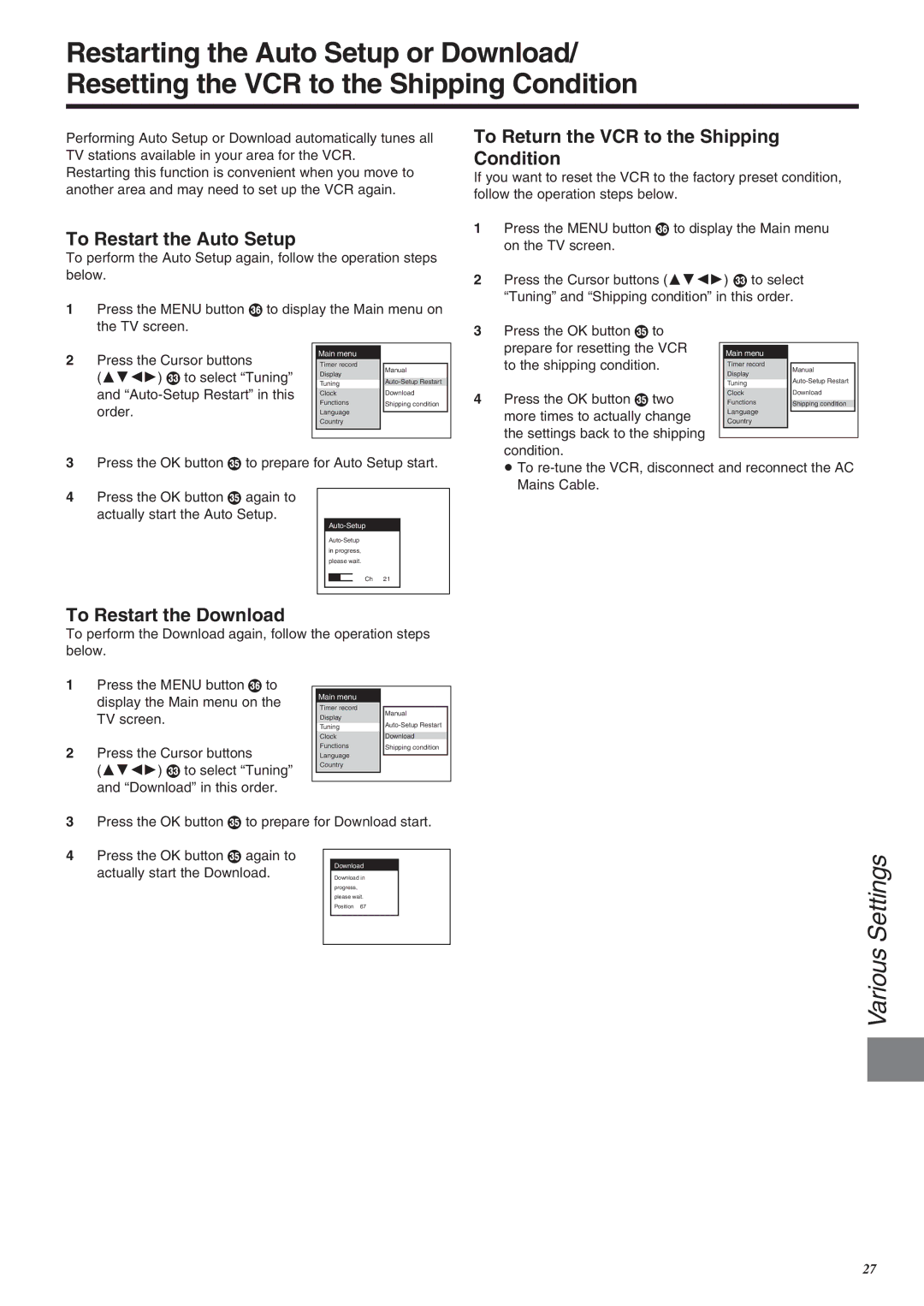 Panasonic NV-SJ260 To Restart the Auto Setup, To Restart the Download, To Return the VCR to the Shipping Condition 