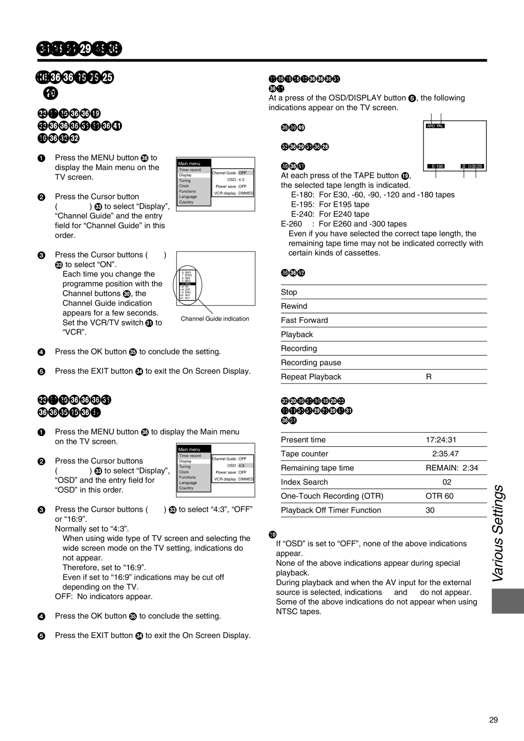 Panasonic NV-SJ260 Other Convenient Functions Various Settings, Settings for the Main Menu Item Display, TV station name 