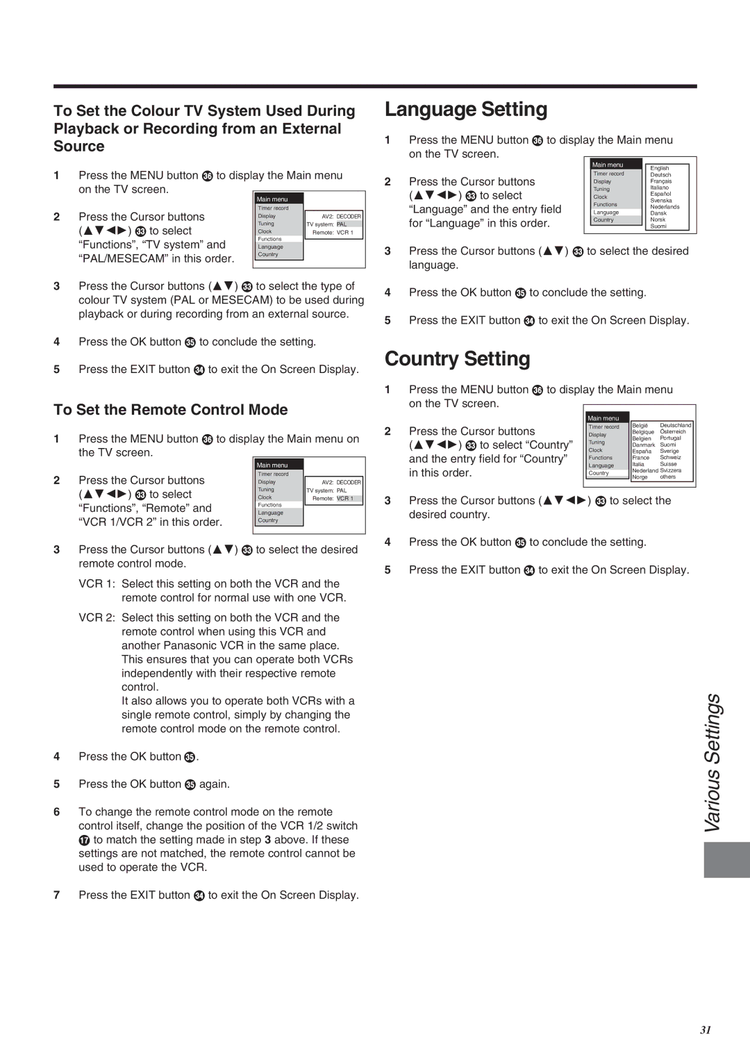 Panasonic NV-SJ260 operating instructions Language Setting, Country Setting, To Set the Remote Control Mode 