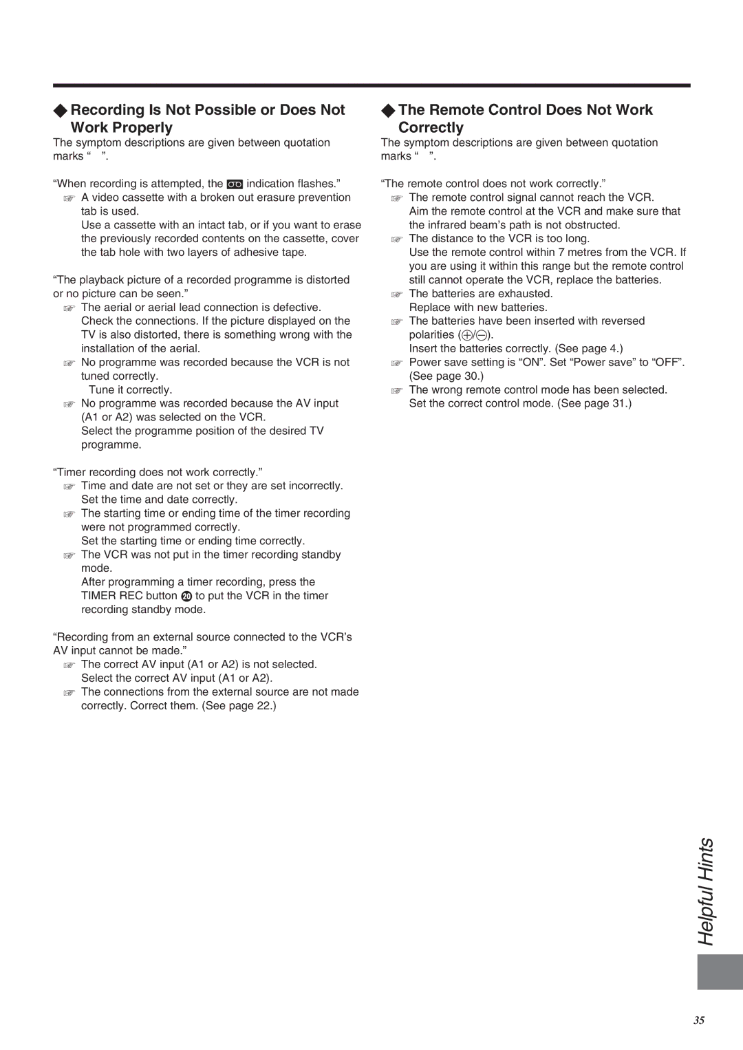 Panasonic NV-SJ260 √ Recording Is Not Possible or Does Not Work Properly, √ The Remote Control Does Not Work Correctly 