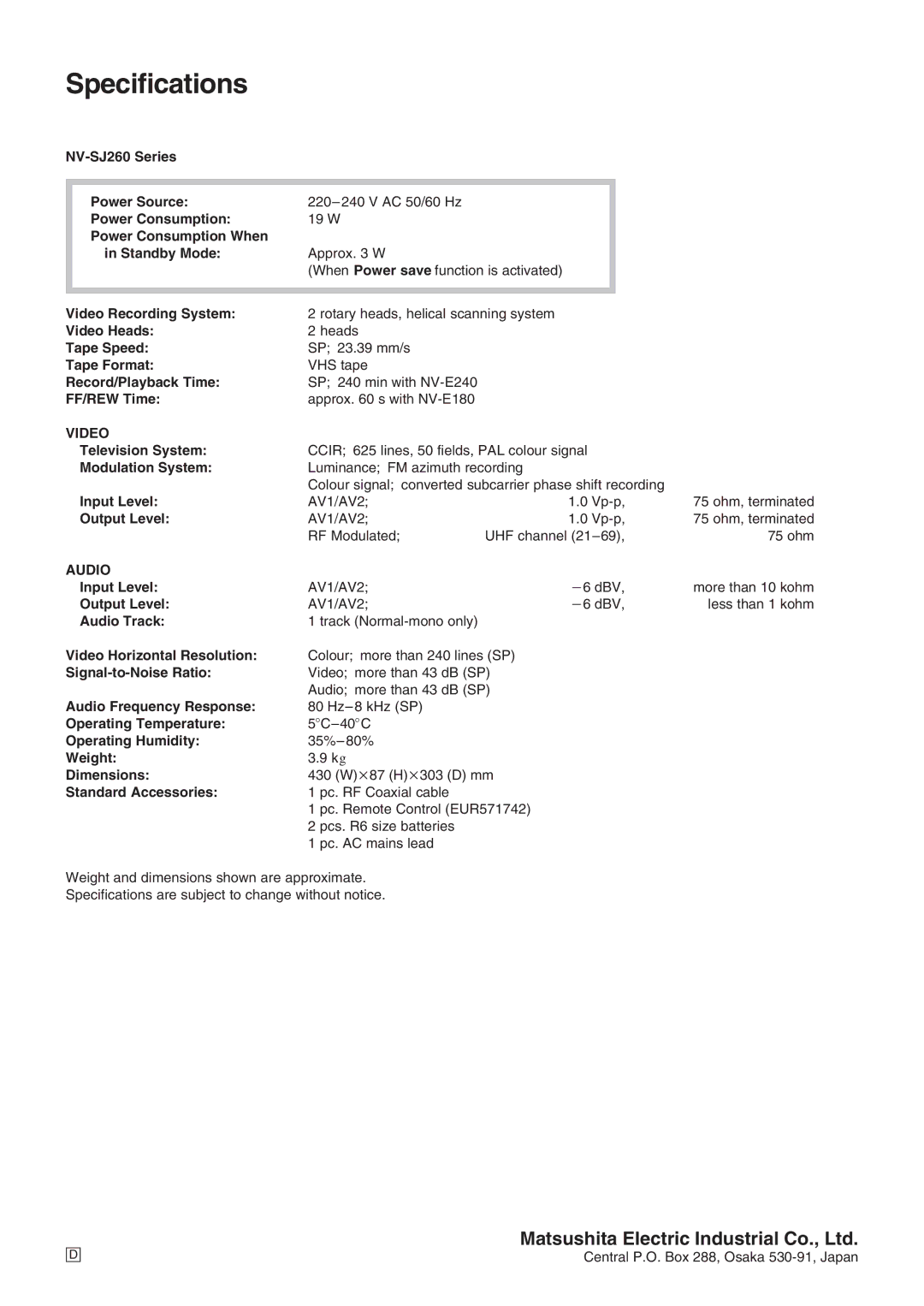 Panasonic NV-SJ260 operating instructions Specifications 