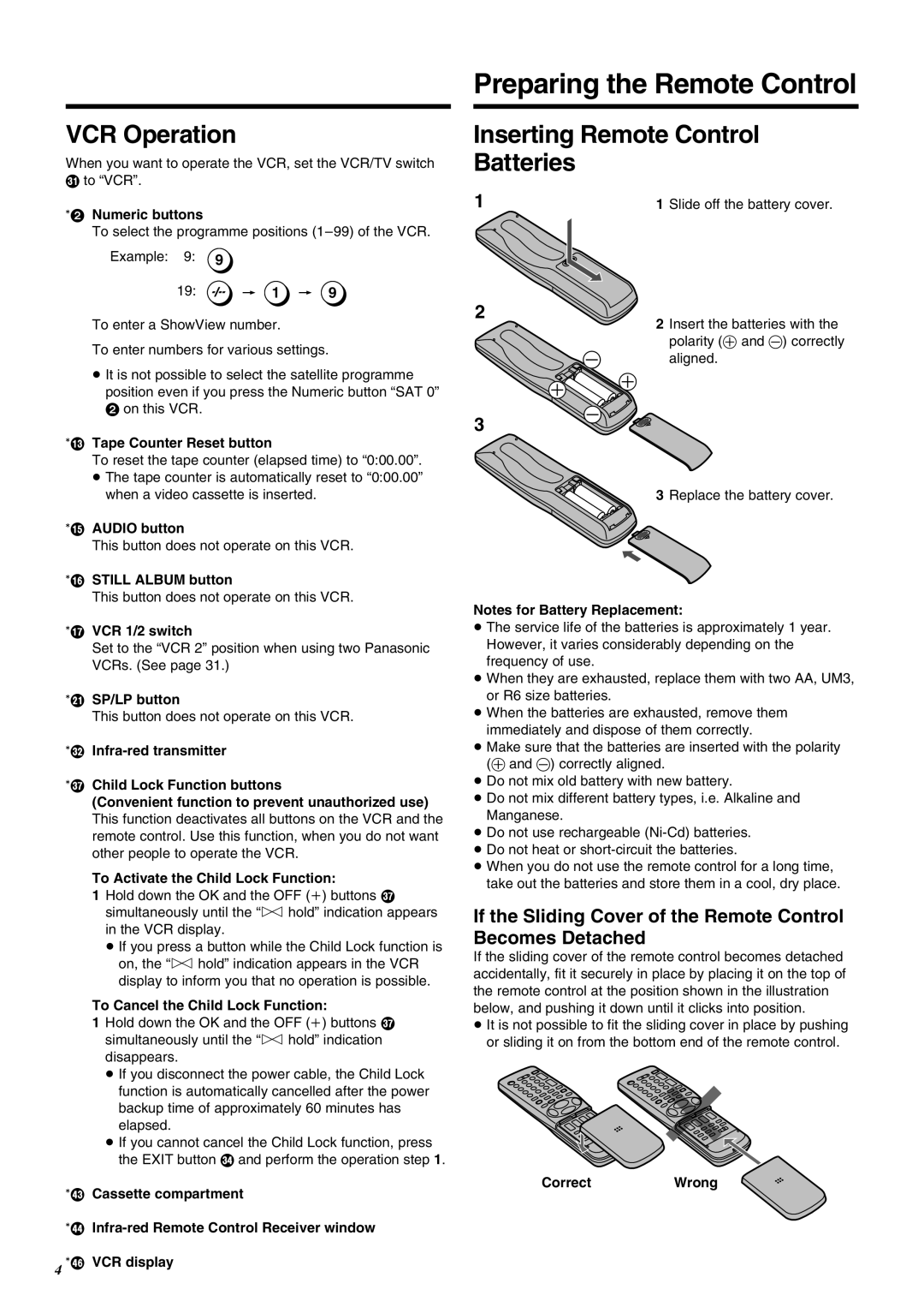 Panasonic NV-SJ260 operating instructions Preparing the Remote Control, VCR Operation, Inserting Remote Control Batteries 