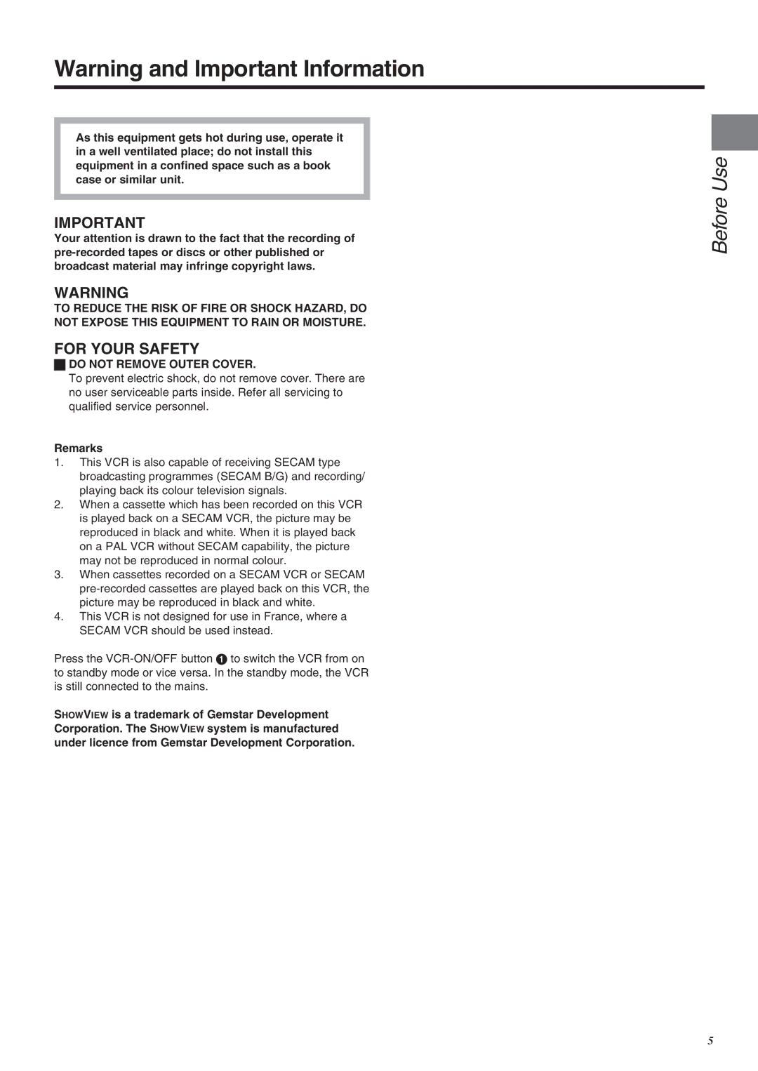 Panasonic NV-SJ260 operating instructions Do not Remove Outer Cover, Remarks 