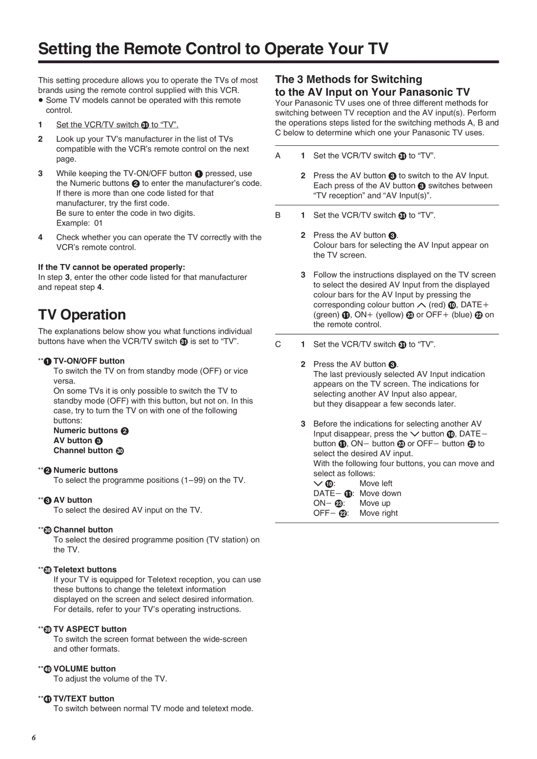 Panasonic NV-SJ260 operating instructions Setting the Remote Control to Operate Your TV, TV Operation 