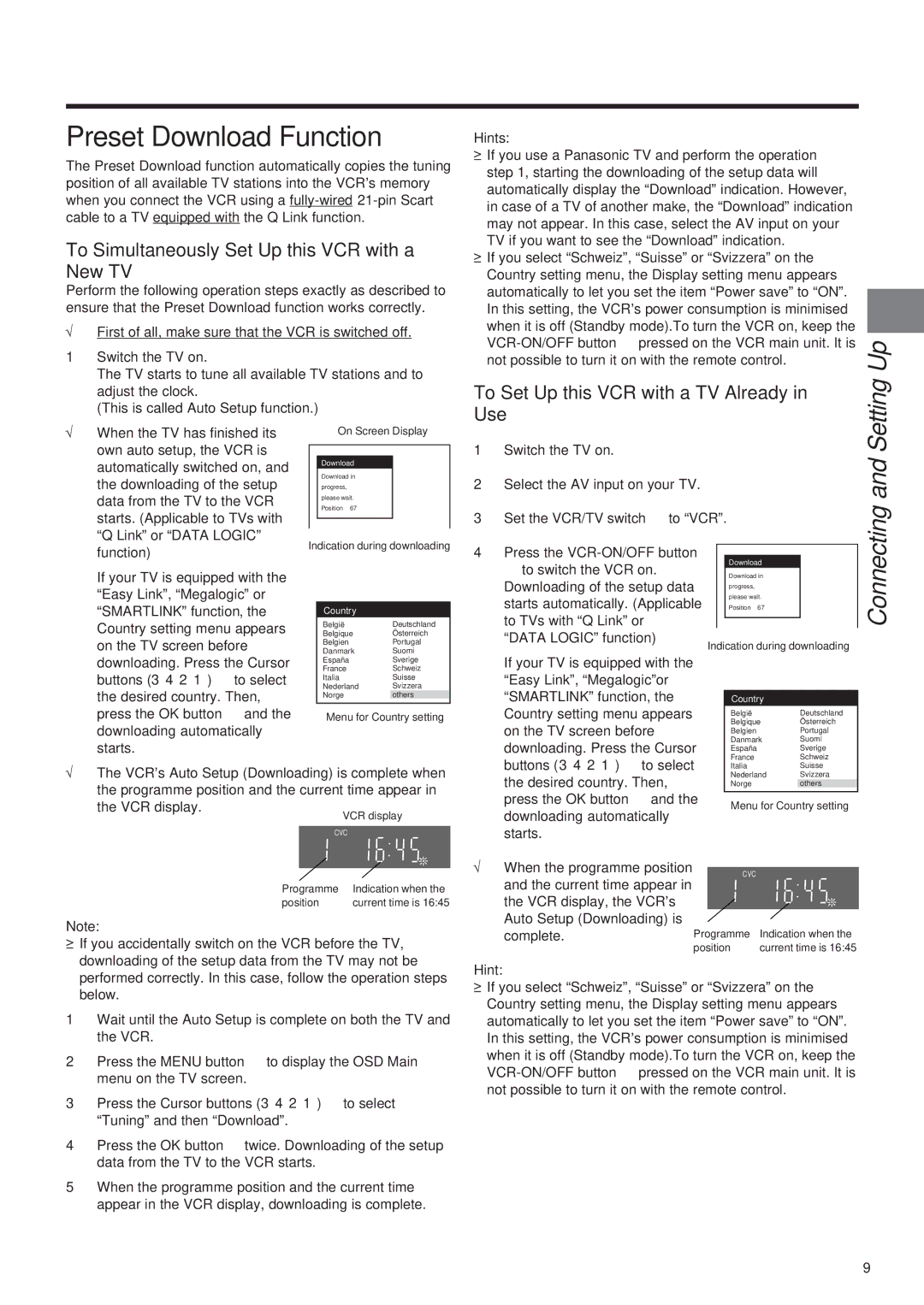 Panasonic NV-SJ260 Preset Download Function, To Simultaneously Set Up this VCR with a New TV, Use, Hint 