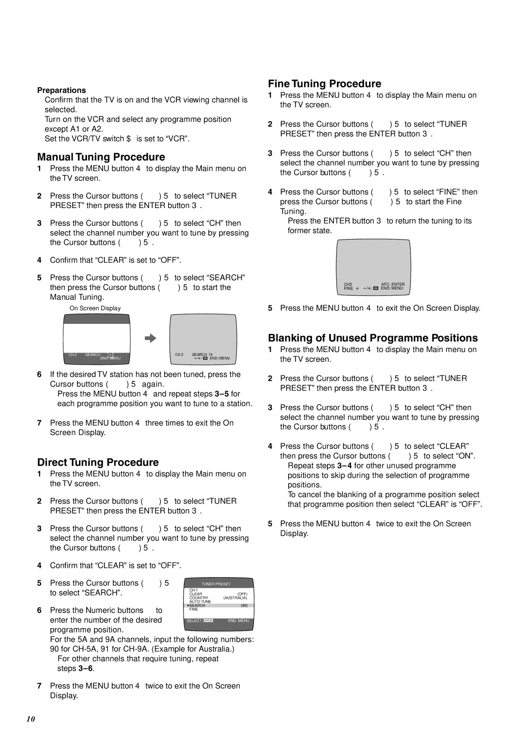 Panasonic NV-SJ400A manual Manual Tuning Procedure, Fine Tuning Procedure, Direct Tuning Procedure 