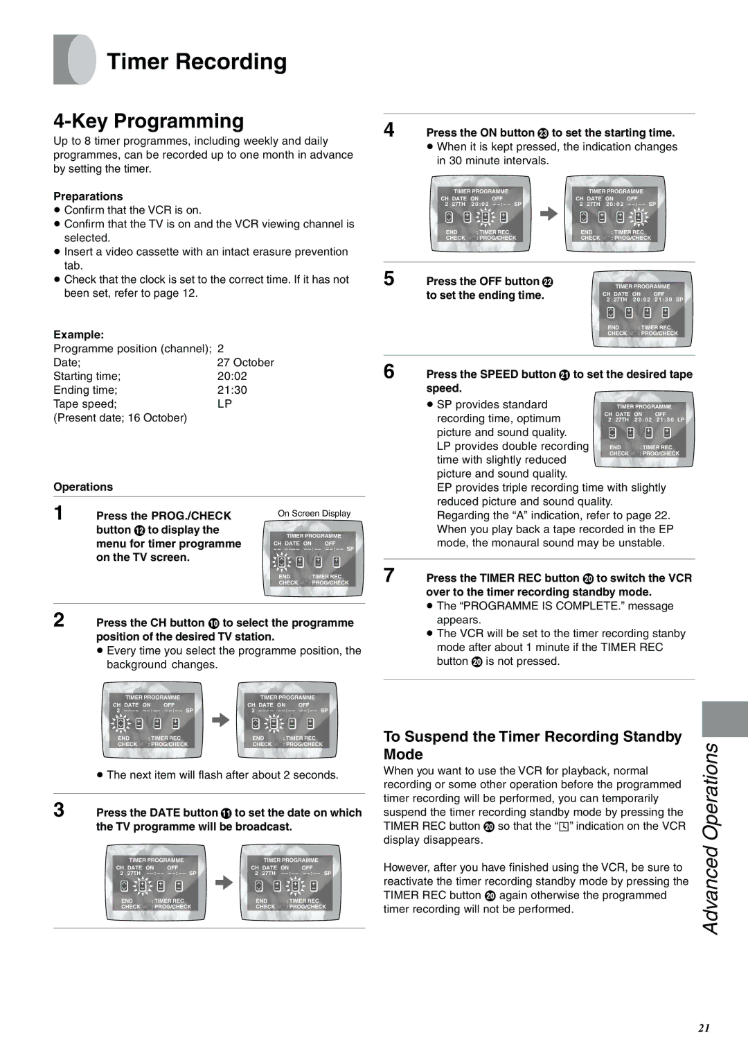 Panasonic NV-SJ400A manual Key Programming, To Suspend the Timer Recording Standby, Mode 