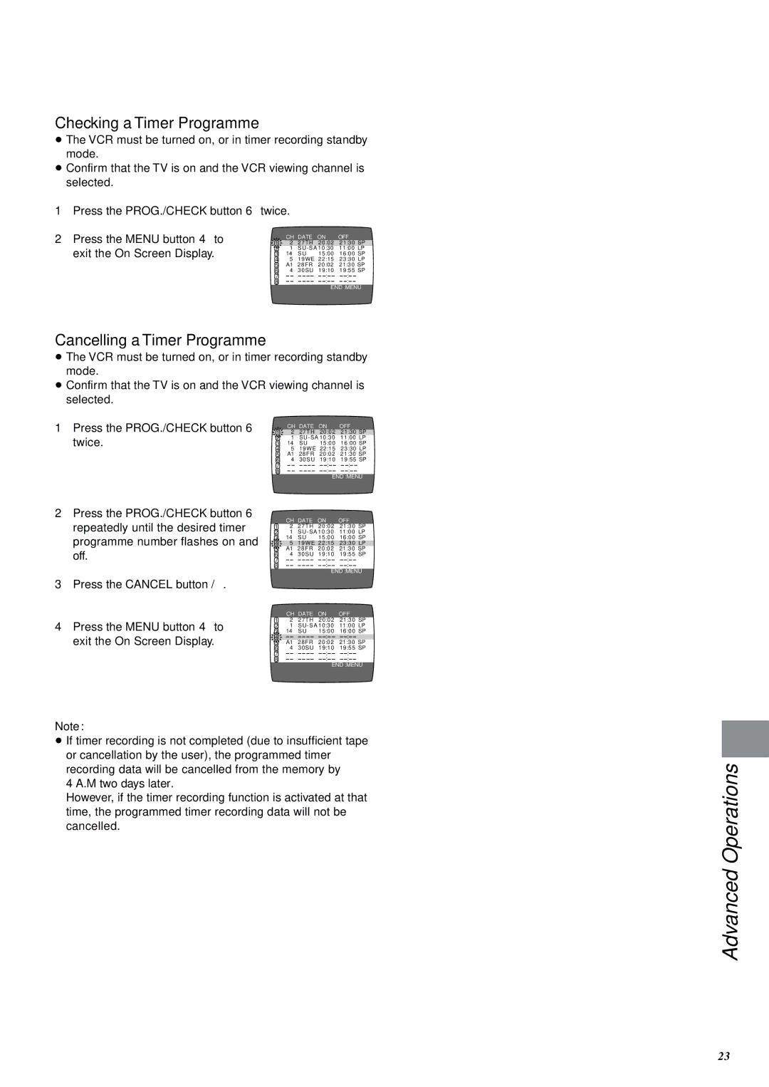 Panasonic NV-SJ400A manual Checking a Timer Programme, Cancelling a Timer Programme 