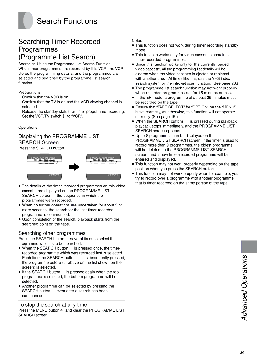 Panasonic NV-SJ400A manual Search Functions, Searching Timer-Recorded Programmes Programme List Search 