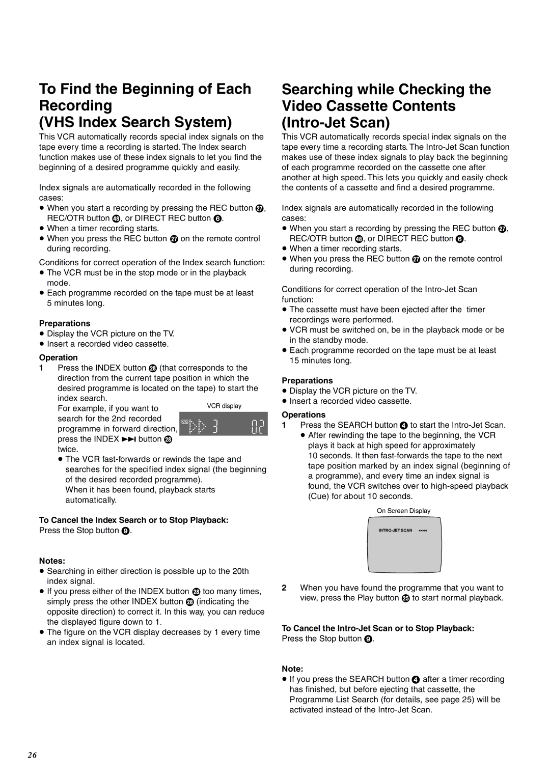 Panasonic NV-SJ400A manual Operation, To Cancel the Index Search or to Stop Playback 