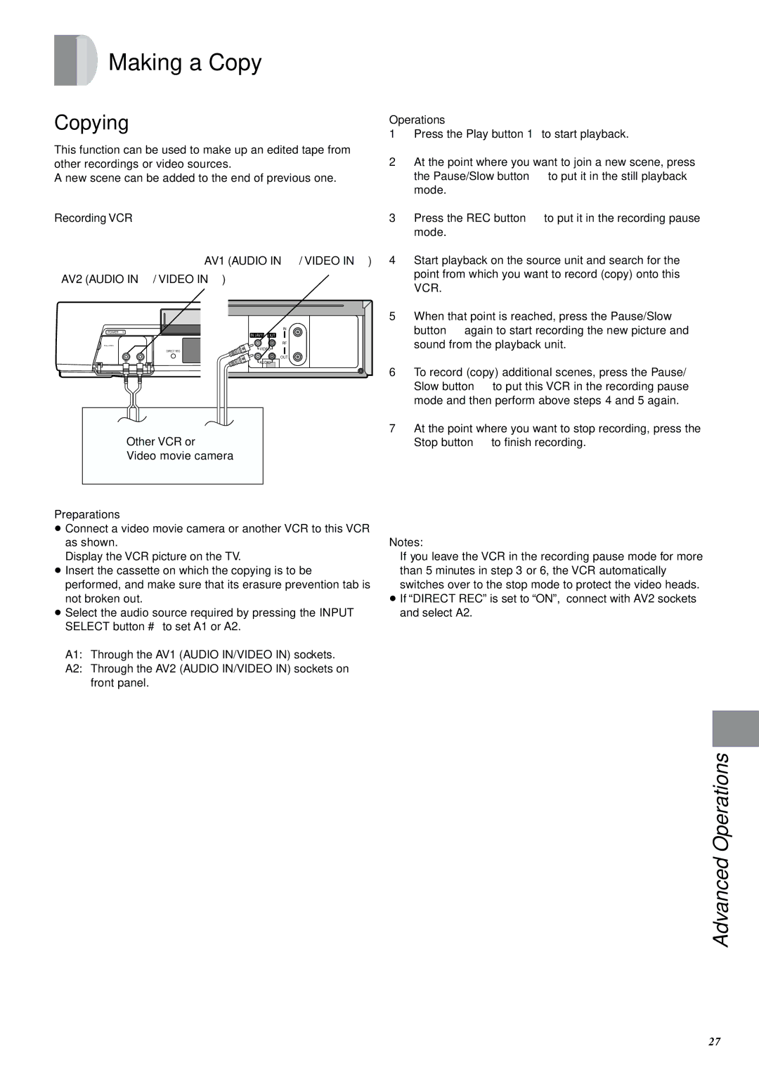 Panasonic NV-SJ400A manual Making a Copy, Copying, Recording VCR 