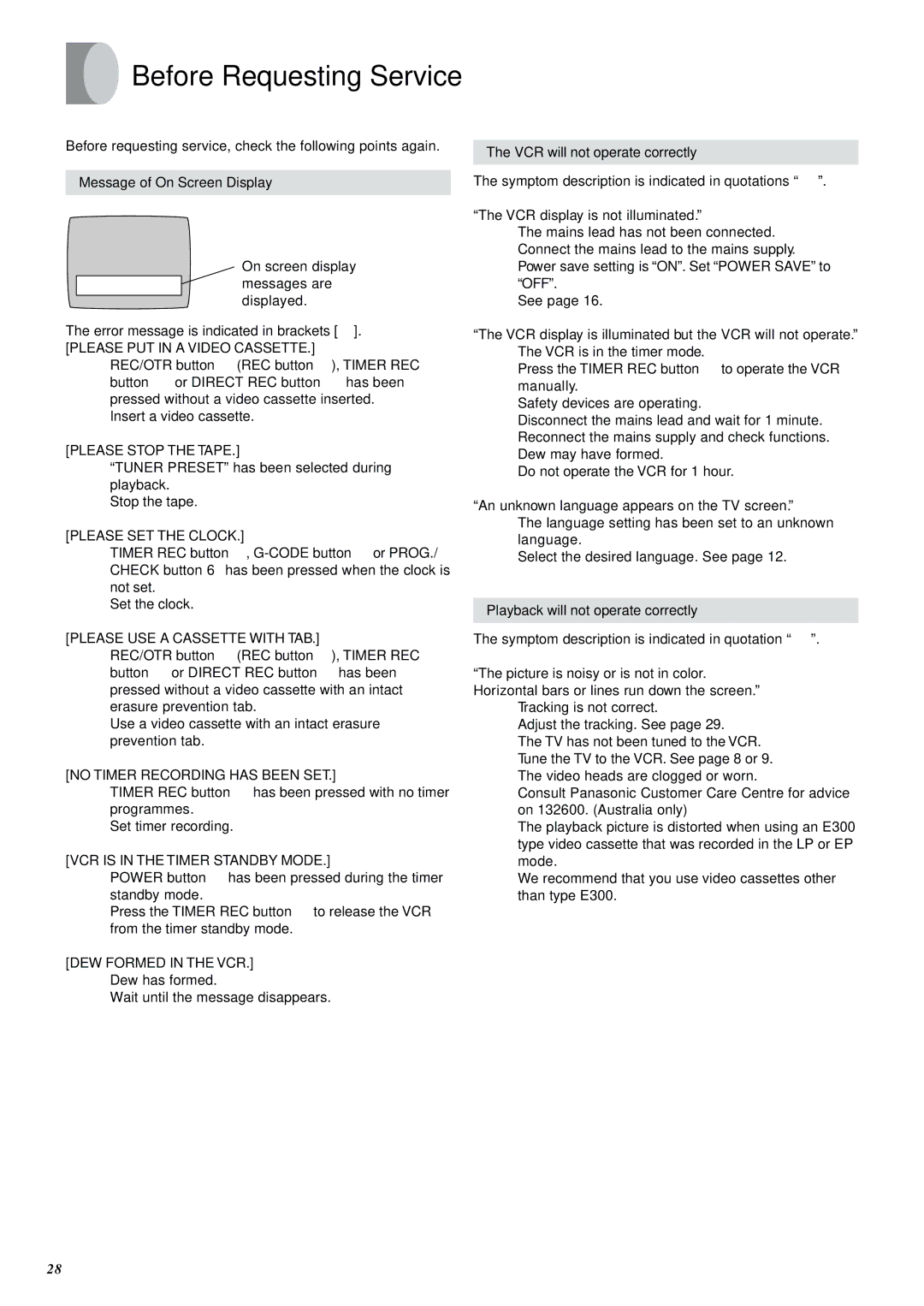 Panasonic NV-SJ400A manual Before Requesting Service, Message of On Screen Display, VCR will not operate correctly 