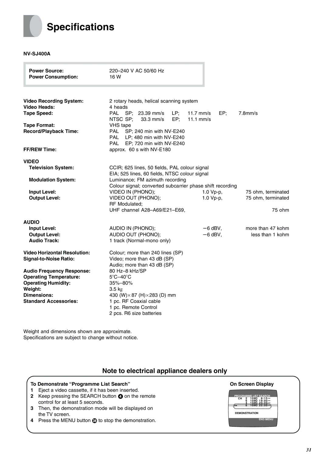 Panasonic NV-SJ400A manual Specifications 