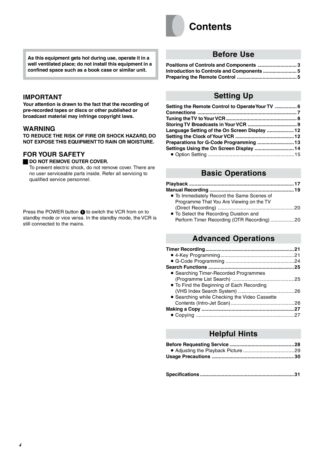 Panasonic NV-SJ400A manual Contents 