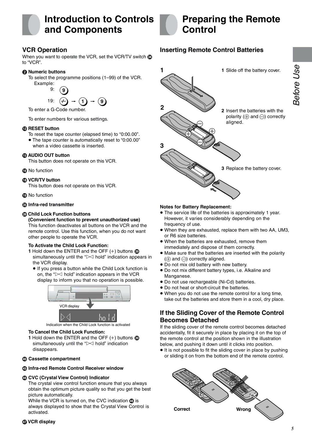 Panasonic NV-SJ400A manual Introduction to Controls and Components, Preparing the Remote Control, VCR Operation 