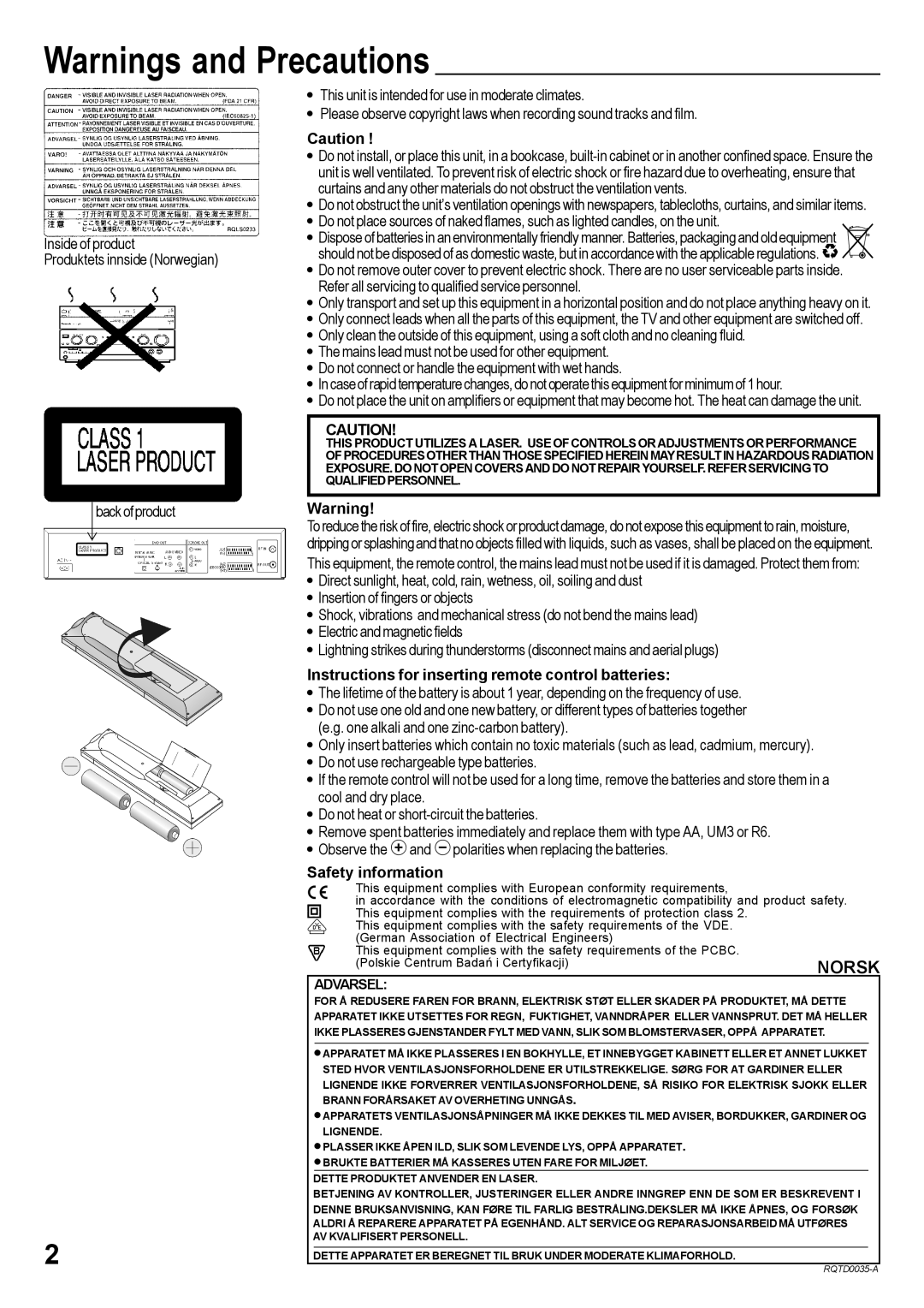 Panasonic NV-VHD1EE Back of product, Insertion of fingers or objects, Electric and magnetic fields, Safety information 