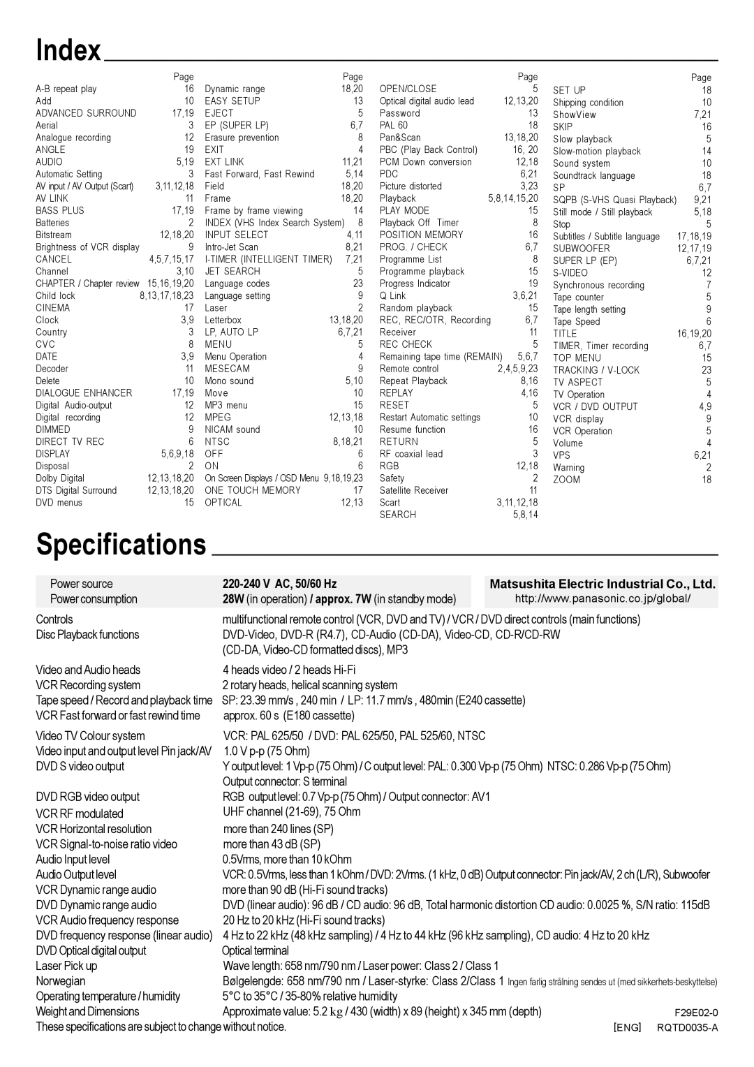 Panasonic NV-VHD1EE, NV-VHD1EC specifications Index, Specifications, Power source, AC, 50/60 Hz 