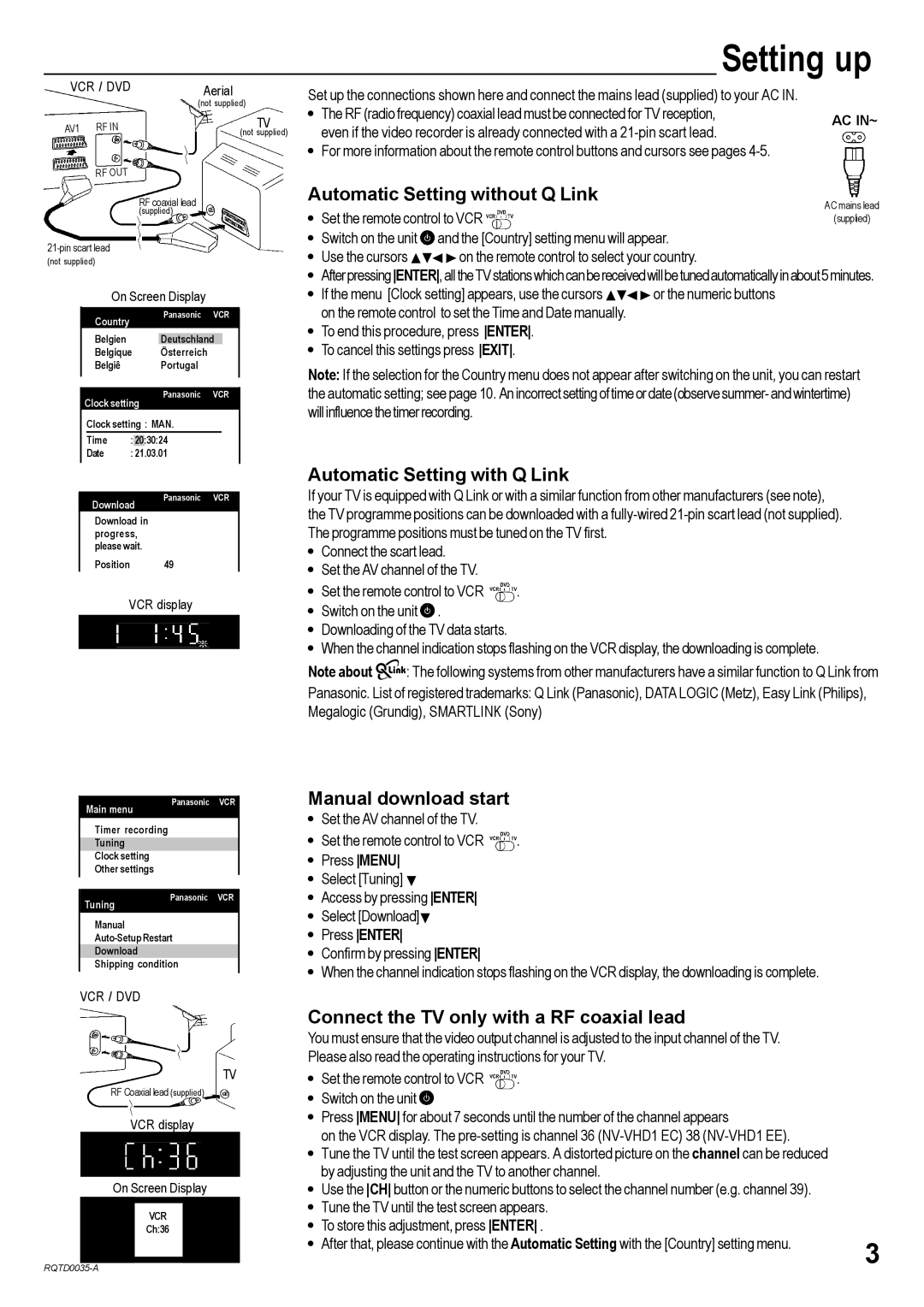 Panasonic NV-VHD1EC Setting up, Automatic Setting without Q Link, Automatic Setting with Q Link, Manual download start 