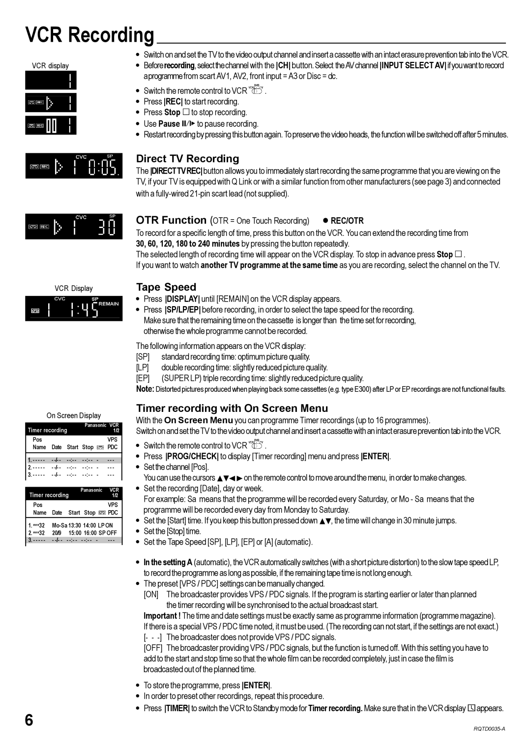 Panasonic NV-VHD1EE, NV-VHD1EC VCR Recording, Direct TV Recording, Tape Speed, Timer recording with On Screen Menu 