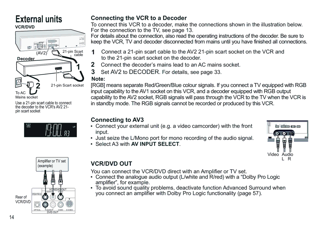 Panasonic NV-VP30EBL manual External units, Connecting the VCR to a Decoder, Connecting to AV3 