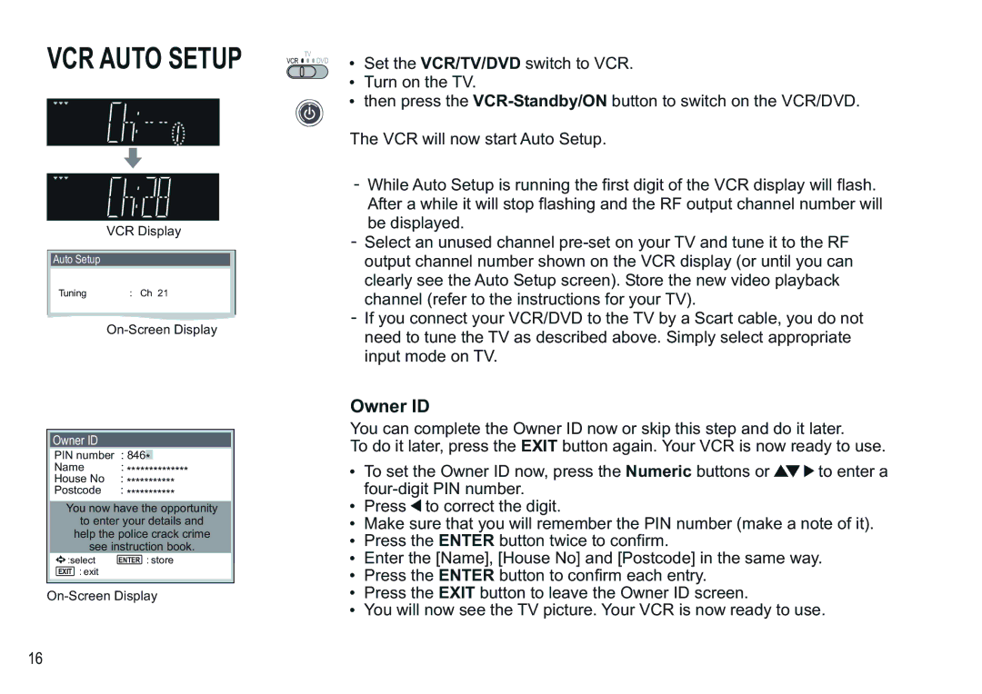 Panasonic NV-VP30EBL manual VCR Auto Setup, Owner ID 