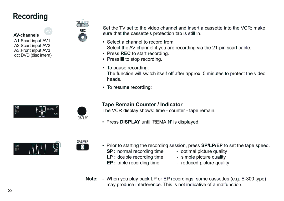 Panasonic NV-VP30EBL manual Recording, Tape Remain Counter / Indicator, AV-channels 