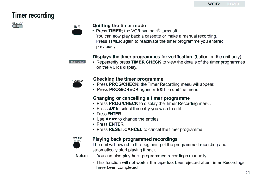 Panasonic NV-VP30EB manual Quitting the timer mode, Checking the timer programme, Changing or cancelling a timer programme 