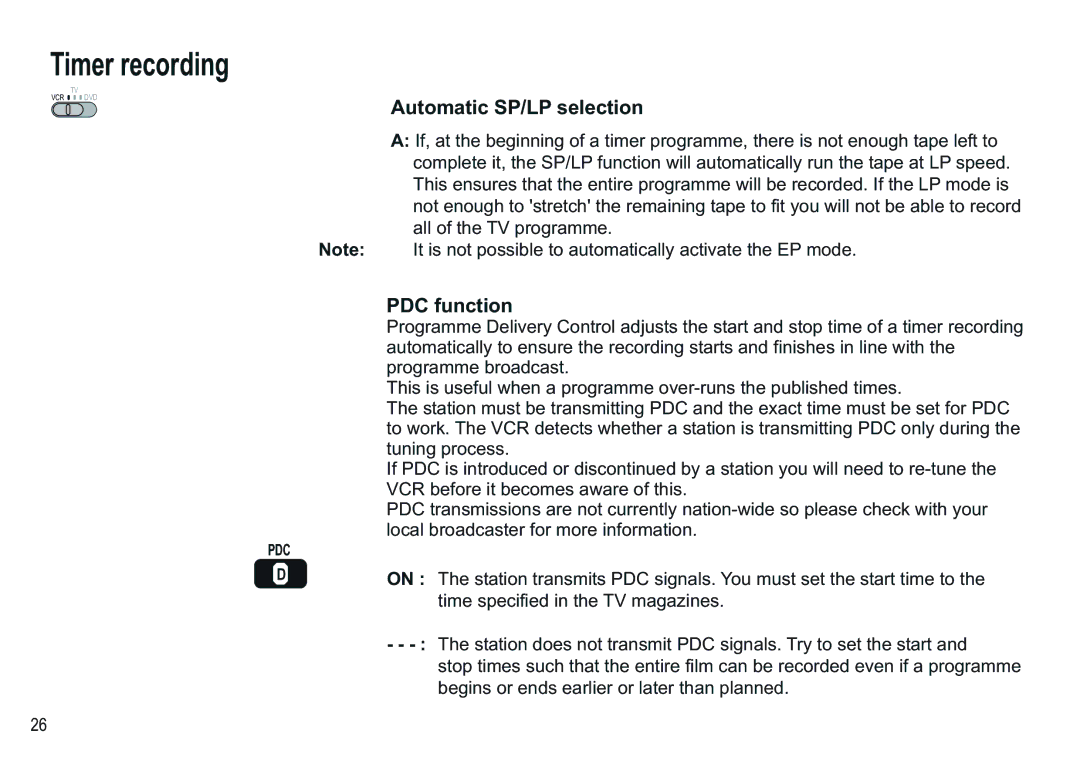 Panasonic NV-VP30EBL manual Automatic SP/LP selection, PDC function 