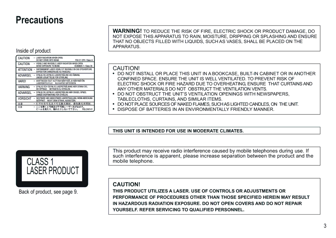 Panasonic NV-VP30EBL manual Precautions, Laser Product 