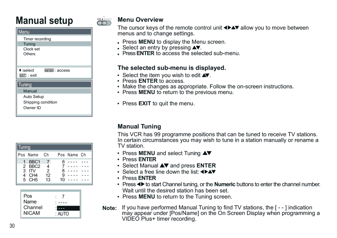 Panasonic NV-VP30EBL manual Manual setup, Menu Overview, Selected sub-menu is displayed, Manual Tuning 