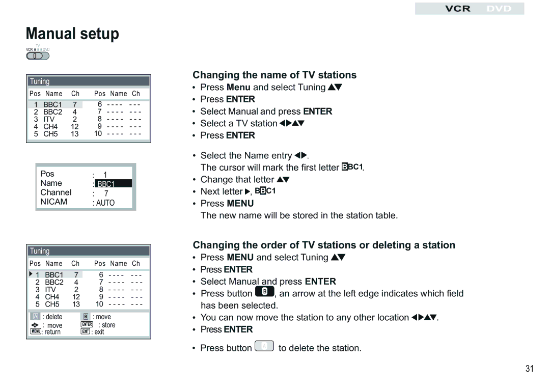 Panasonic NV-VP30EBL manual Changing the name of TV stations, Changing the order of TV stations or deleting a station 