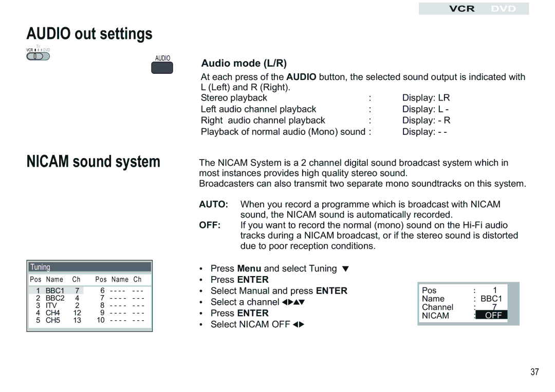 Panasonic NV-VP30EBL manual Audio out settings, Nicam sound system, Audio mode L/R 