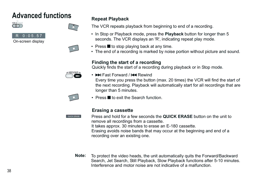 Panasonic NV-VP30EBL manual Advanced functions, Repeat Playback, Finding the start of a recording, Erasing a cassette 