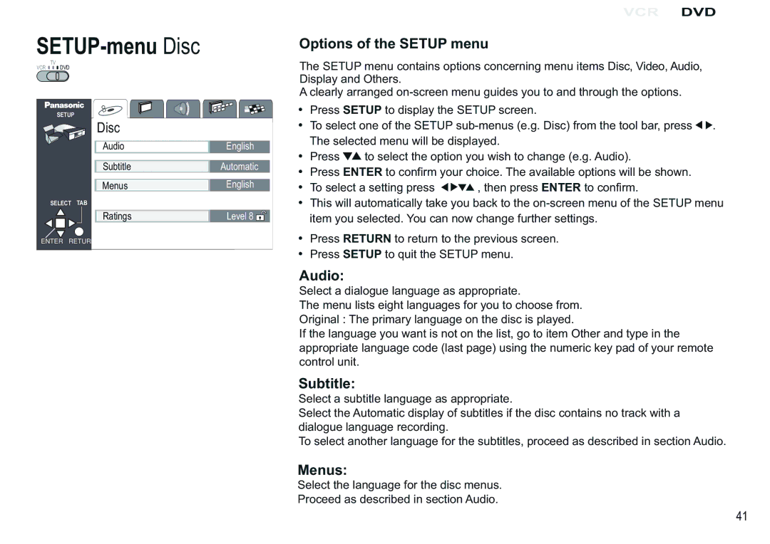 Panasonic NV-VP30EBL manual SETUP-menu Disc, Options of the Setup menu, Audio, Subtitle, Menus 