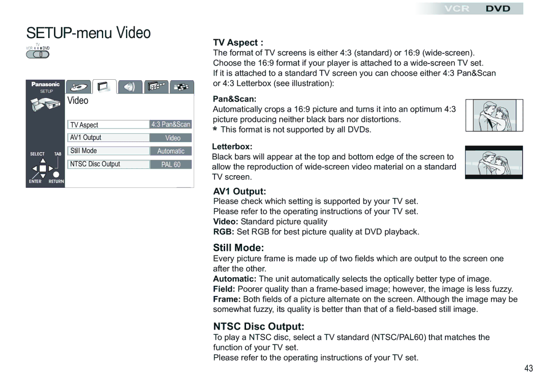 Panasonic NV-VP30EBL manual SETUP-menu Video, Still Mode, Ntsc Disc Output, TV Aspect, AV1 Output 