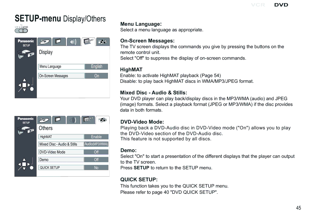 Panasonic NV-VP30EB manual Menu Language, On-Screen Messages, HighMAT, Mixed Disc Audio & Stills, DVD-Video Mode, Demo 