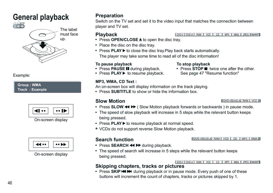 Panasonic NV-VP30EBL manual Playback, Slow Motion, Search function, Skipping chapters, tracks or pictures 