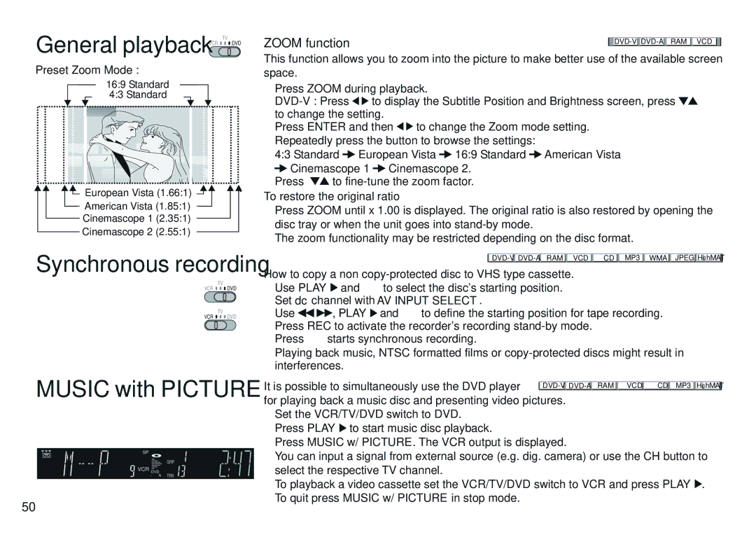 Panasonic NV-VP30EBL manual Synchronous recording, Music with Picture, Zoom function, To restore the original ratio 