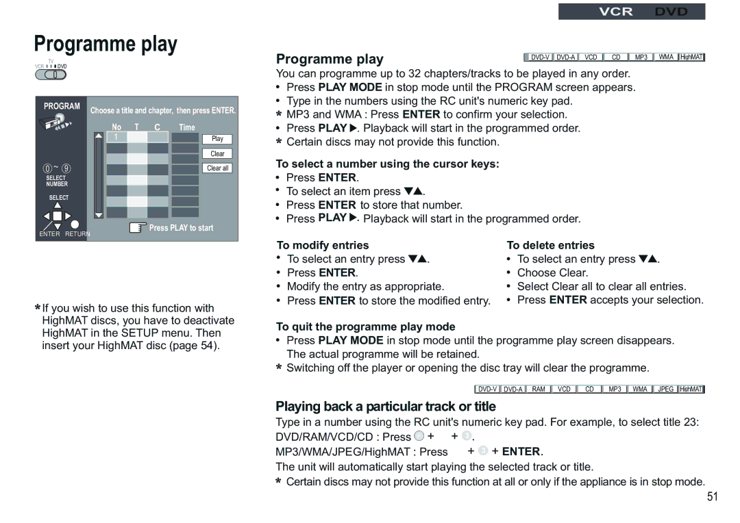 Panasonic NV-VP30EBL manual Programme play, Playing back a particular track or title 