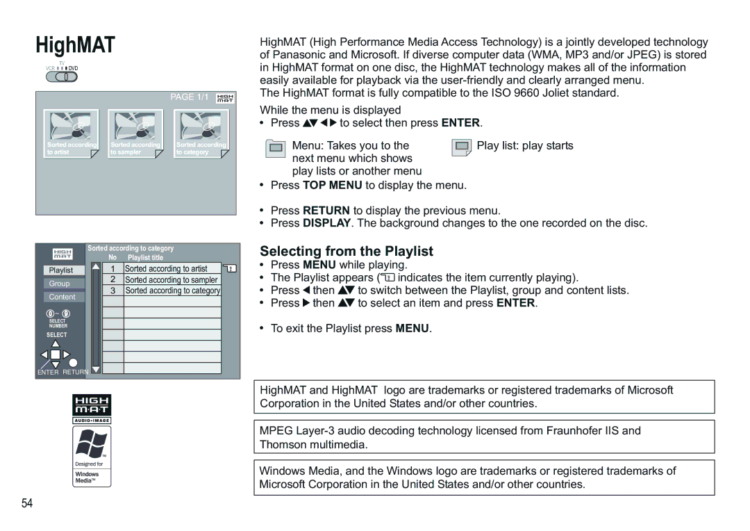 Panasonic NV-VP30EBL manual HighMAT, Selecting from the Playlist 