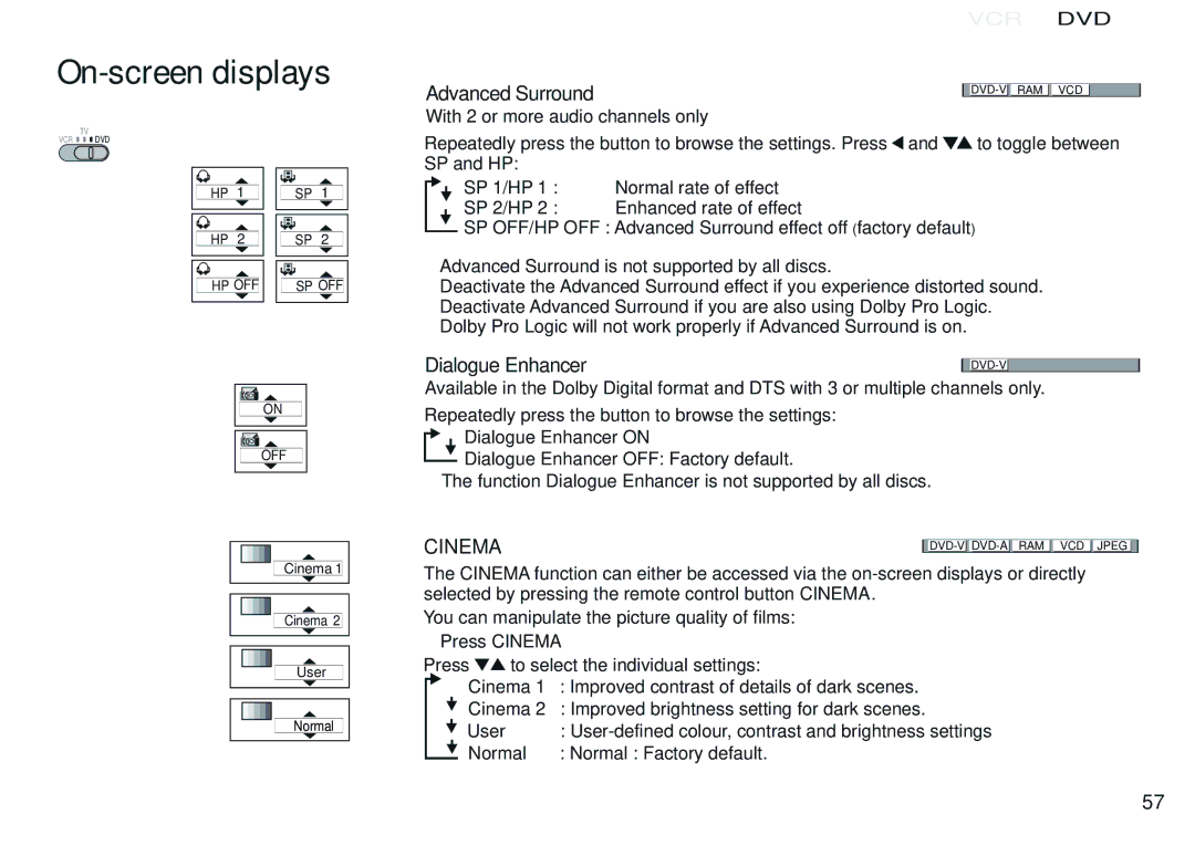 Panasonic NV-VP30EBL manual Advanced Surround, Dialogue Enhancer, With 2 or more audio channels only 