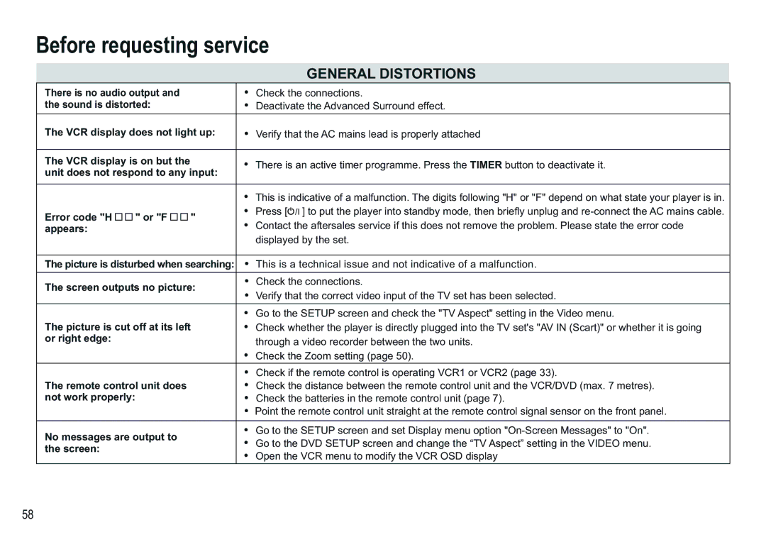 Panasonic NV-VP30EBL manual Before requesting service, General Distortions 