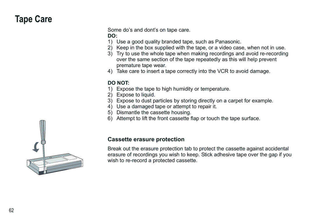 Panasonic NV-VP30EBL manual Tape Care, Cassette erasure protection 