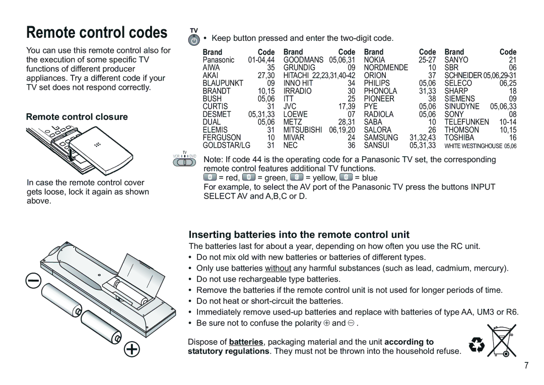 Panasonic NV-VP30EB manual Remote control codes, Inserting batteries into the remote control unit, Remote control closure 