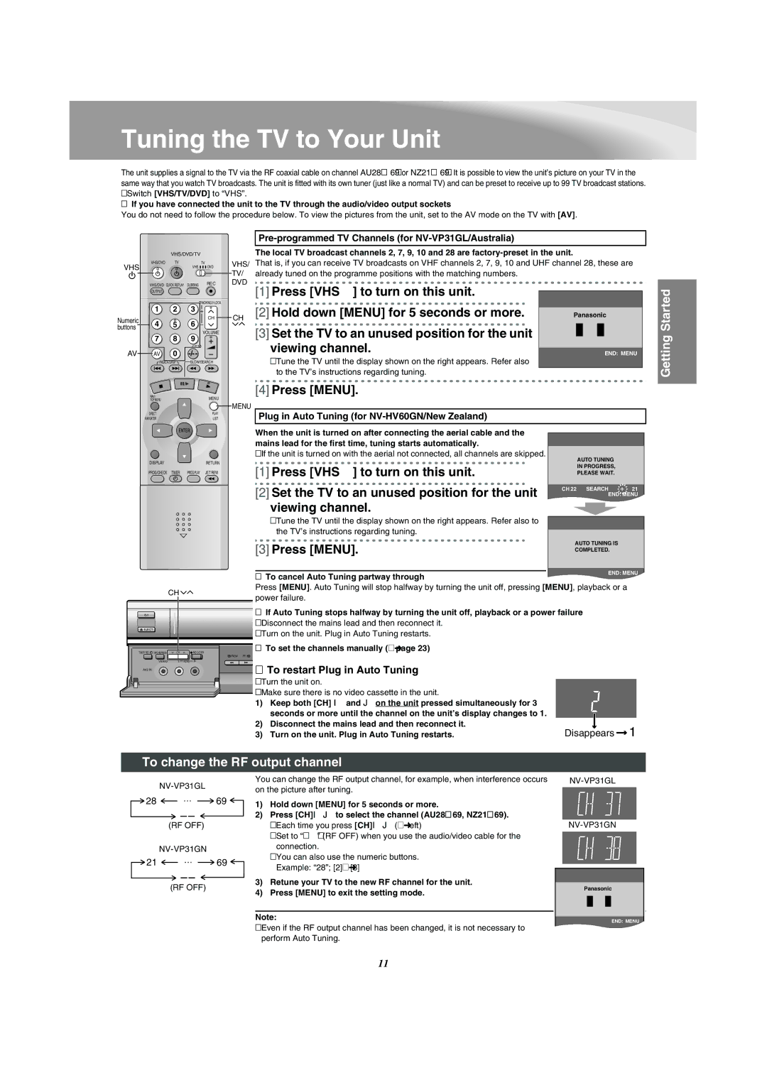 Panasonic NV-VP31 manual Tuning the TV to Your Unit, Press Menu, Press VHS Í to turn on this unit 