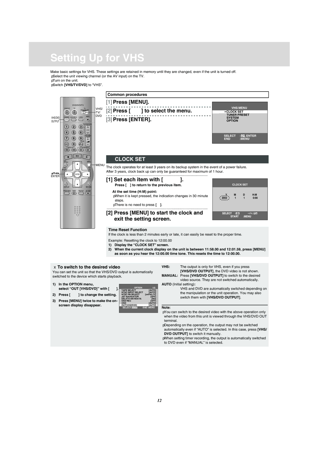 Panasonic NV-VP31 Setting Up for VHS, Press Menu Press 34 to select the menu Press Enter, Clock SET, Set each item with 34 