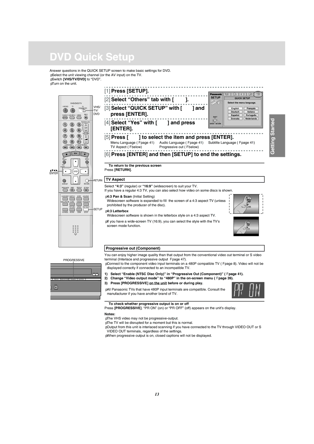 Panasonic NV-VP31 manual DVD Quick Setup, Press 34 to select the item and press Enter, TV Aspect, Progressive out Component 